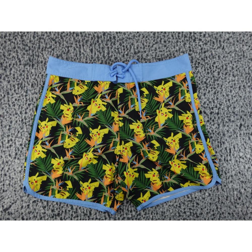 Pokemon Board Shorts Mens Size Medium Black Pikachu Tropical Print Swim Trunks